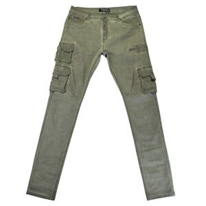 Serenede Olea Mens Slim Fit Cargo Pants Olive Green Multi Pocket Buckle Size 34